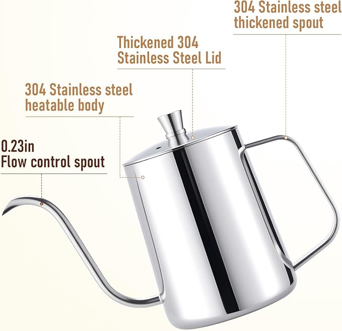 PARACITY Pour Over Kettle with Lid, Gooseneck Spout Coffee Tea Pot with Lid,20oz Hanging Ear Hand Blunt Long Narrow Drip Cup Gooseneck Kettle, Camping Coffee Pot for Travel Outdoor(Stainless Steel)