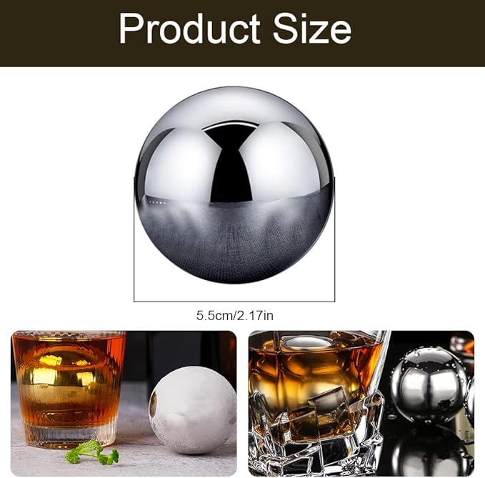 Whiskey Stones 2 Pcs Reusable Metal Ice Cube Large Stainless Steel Round Whiskey Balls Spherical Beverage Chilling Rocks Sphere Golf Ball Scotch Set for Red Wine Bar Beer Scotch Vodka Drinks(55mm)