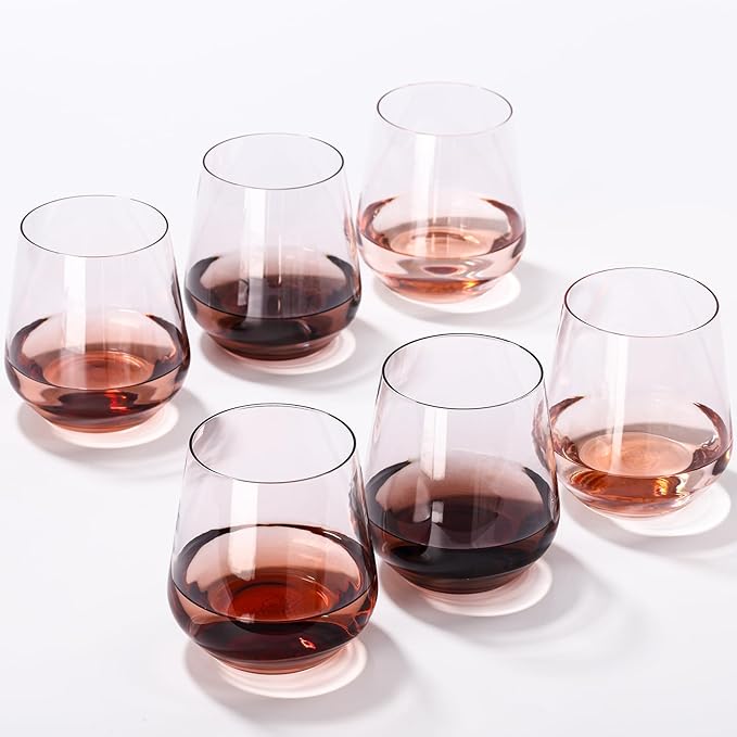 JOVGANK Venus Stemless Wine Glasses Set of 6 - Hand Blown Amber Stemless Wine Glass - 17 oz, [Lead-Free Crystal Glass] Large Short Glass Tumblers, Housewarming Gifts and Mother's Day Gift