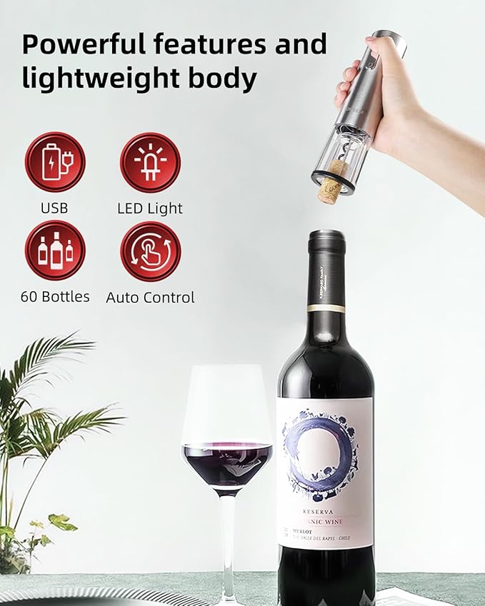 Rechargeable Electric Wine Gift Set - Aerator, Vacuum Stoppers, Foil Cutter and Bottle Opener for Home Bar and Outdoor Parties (Silver, Wine Opener Set)