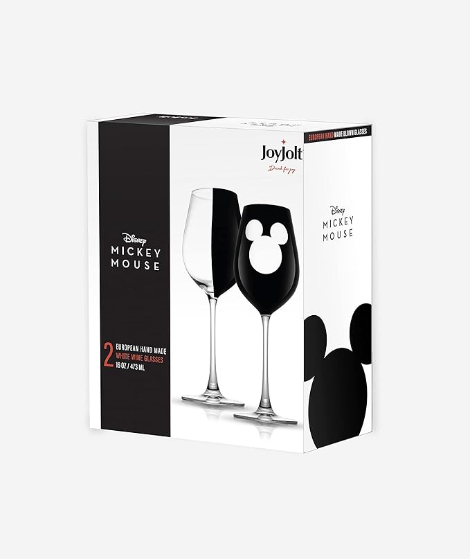 JoyJolt Disney Luxury Mickey Mouse Stemmed White Wine Glasses. European Crystal Wine Glasses Set of 2 Drinking Glasses. Xmas Disney Stuff, Gifts and Cups. 16oz Black Wine Glass, Disney Wine Glass