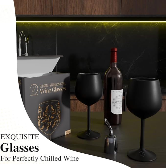 Mother’s Day Gift for Mom – Set of 2 Black Stainless Steel Wine Glasses, 17oz Engraved Goblets with Bottle Stopper, Unbreakable Elegant Wine Cups, Gift for Women, Wife, Mom, Sister