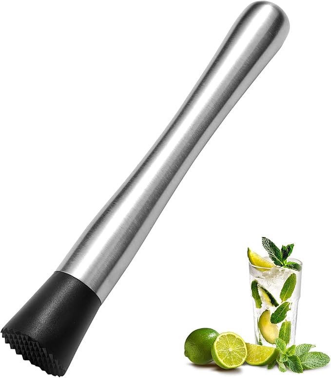 8 Inch Stainless Steel Cocktail Muddler and Mixing Spoon Home Bar Tool Set - Create Delicious Mojitos Old Fashioned/Mint Julep/Other Fruit Based Drinks (Silver)