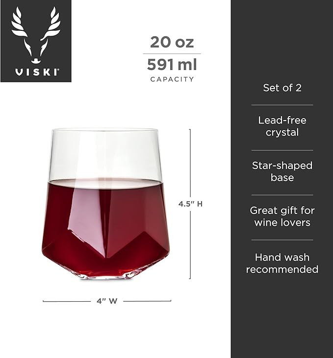 Viski Seneca Faceted Wine Glasses, Star-Shaped Base, Modern Crystal Clear Drinking Glasses for Red and White Wines, Cocktails, Aperol Spritz, Wedding Gifts, Home Bar, Elegant Glassware Set of 2, 20 oz