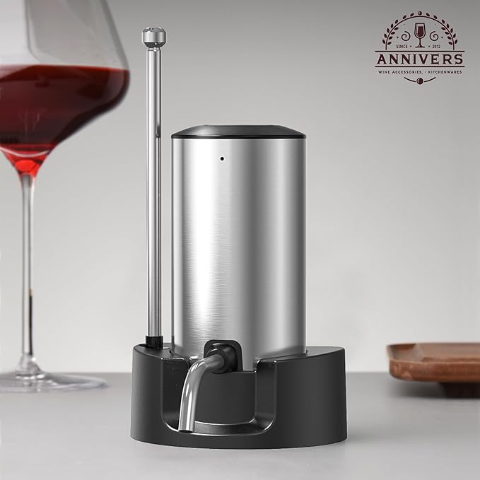 Electric Wine Decanter Automatic Wine Aerator Dispenser Pourer, USB-C Rechargeable Storage Base Stainless Steel Tube One-Touch Pump for All Btls, Aérateur Distributeur de Vin Électrique