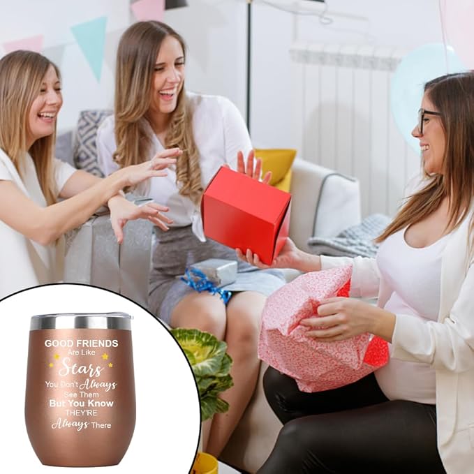 Friendship Gifts for Women Insulated Wine Tumbler with Lid 12oz Graduation Gifts Birthday Gift for Women Men Friendship Friendsgiving Gift for Friends Bestie Cowokers Easter Basket Stuffers Rose Gold
