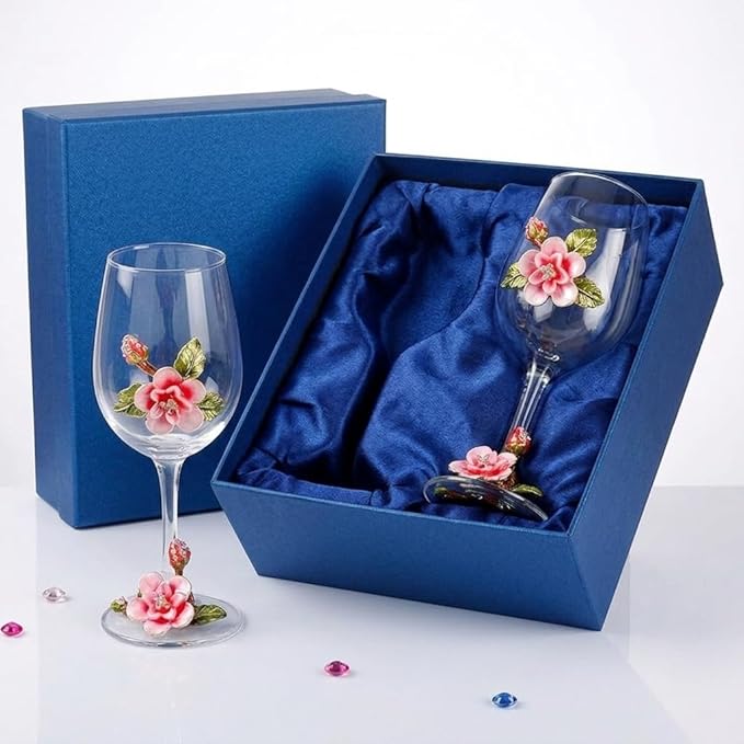Simcat Handmade Painted Enamel Flower Glass Wine Glasses Transparent Refined Goblet, Stem For Cabernet, Gifts (pink double gift box2)