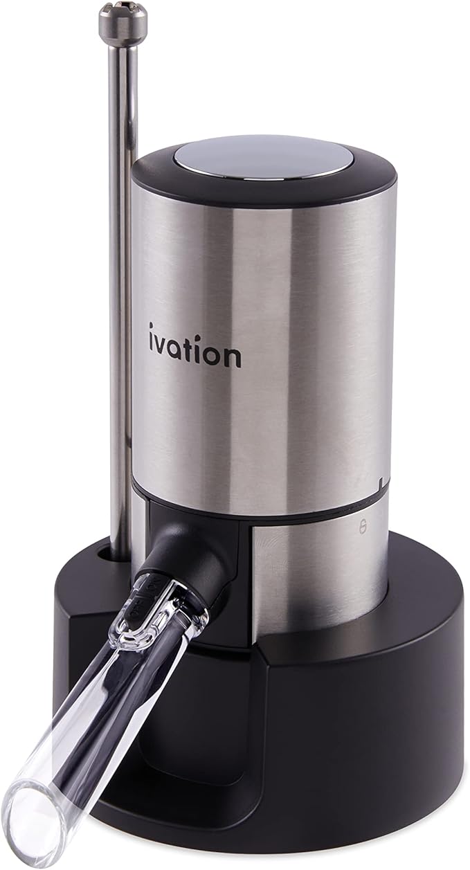 Ivation Stainless Steel Wine Aerator & Dispenser Set | Electric Battery-Operated Universal Wine Spout with Automatic Button Dispenser, Aeration Control, Stainless Steel Extension Rod & Storage Stand