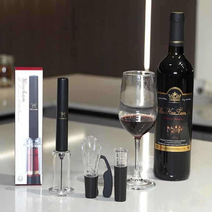 Mincham Wine Opener, 4-in-1 Gift Set with Air Pressure Corkscrew Wine Bottle Opener, Foil Cutter, Wine Aerator Pourer, Vacuum Wine Stopper