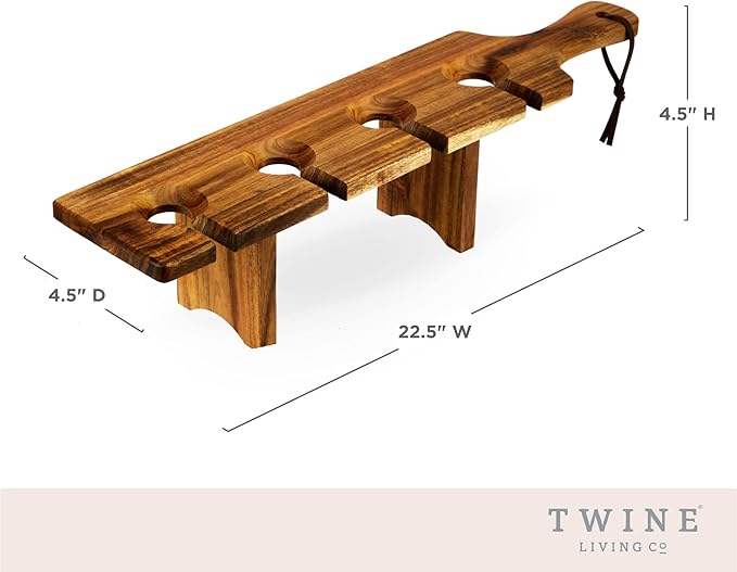 Twine Easy Wine Flight Server, Wine Tasting Carrier Board, Holds 4 Stemmed Wine Glasses, Acacia Wood Serving Tray, Set of 1