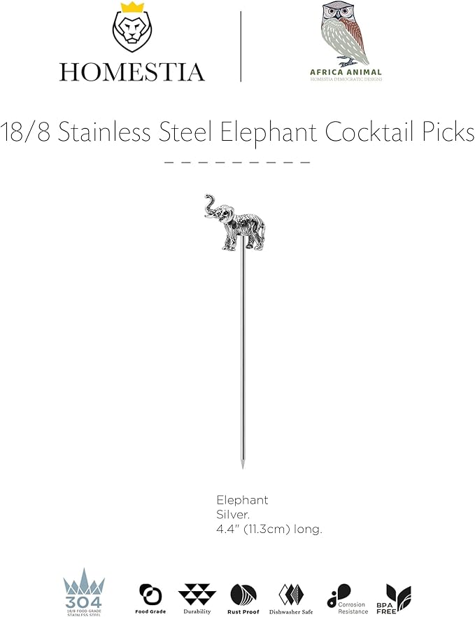 Homestia Stainless Steel Cocktail Picks, 4.7 Inch Elephant Animal Cocktail Toothpicks, Reusable Garnish Skewers for Drinks, Set of 6 Martini Olive Picks