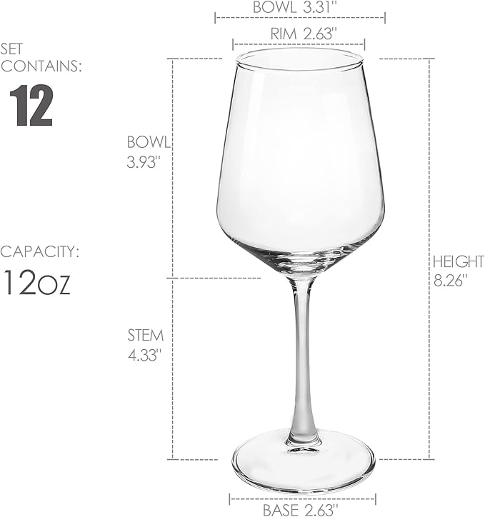 Wine Glasses set of 12, 12 oz Durable Red White Wine Glasses for Wedding, Party, Dishwasher Safe