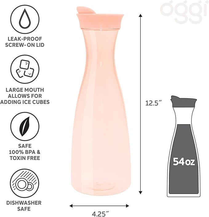 OGGI Clear Carafe w/Flip Open Lid - Ideal Juice Bottle, Clear Pitcher with Lid, Tea Pitcher, Water Carafe, 1.6 Lt(54Oz), Blush Tint