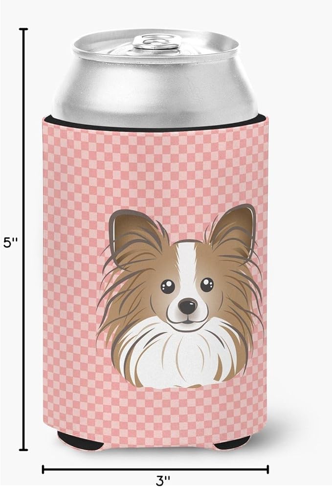 Caroline's Treasures BB1248CC Checkerboard Pink Papillon Can or Bottle Hugger Cooler Washable Drink Sleeve Collapsible Beverage Insulated Holder, Can Hugger, Multicolor