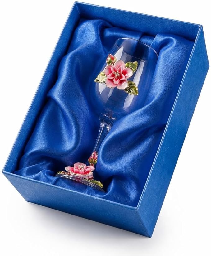 Simcat Handmade Painted Enamel Flower Glass Wine Glasses Transparent Refined Goblet, Stem For Cabernet, Gifts (pink single gift box2)