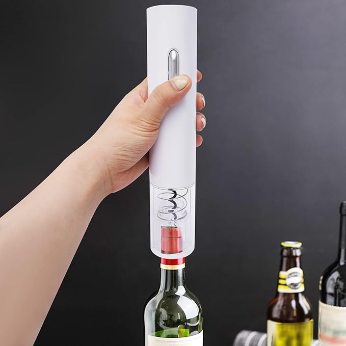 Electric Wine Opener with Foil Cutter Automatic Corkscrew for Red Wine Bottles Battery Powered Easy to Use White Finish Includes Stainless Steel Hook