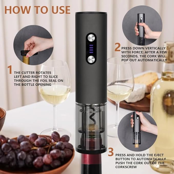Rechargeable Electric Wine Opener 7-in-1 Gift Set, Automatic Wine Bottle Opener with Charging Base, Foil Cutter, Aerator Pourer & 2 Vacuum Stoppers for Wine Lovers