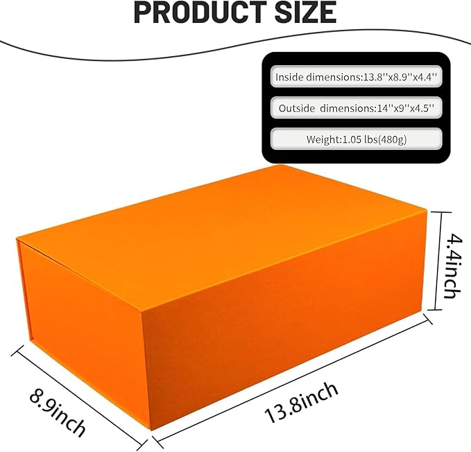 YINUOYOUJIA Large Orange Gift Box with Lid,14"x9"x4.5" Magnetic Gift Boxes with Ribbon,Cards and Envelopes for Presents,Great for Wedding,Birthdays,Crafting,Gift Packaging.