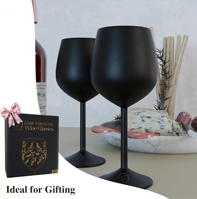 Mother’s Day Gift for Mom – Set of 2 Black Stainless Steel Wine Glasses, 17oz Engraved Goblets with Bottle Stopper, Unbreakable Elegant Wine Cups, Gift for Women, Wife, Mom, Sister
