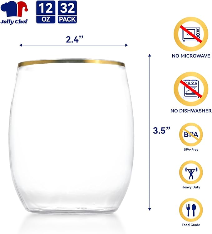 JOLLY CHEF 32 Pack 12oz Gold Plastic Wine Glasses Stemless, Disposable Wine Cupsty, Disposable Plastic Wine Cups for Party, Halloween, Christmas, Thanksgiving