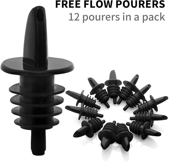 Plastic Liquor Bottle Pourers Black- 12 Pack Classic Bottle Pourers for Alcohol, Leak-Proof, Dishwasher-Safe Pour Spouts for Liquor Bottles (black)