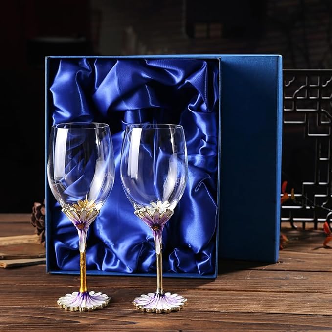 Simcat Handmade Painted Enamel Flower Glass Wine Glasses Transparent Refined Goblet, Stem For Cabernet, Gifts (purple double gift box,small flower)