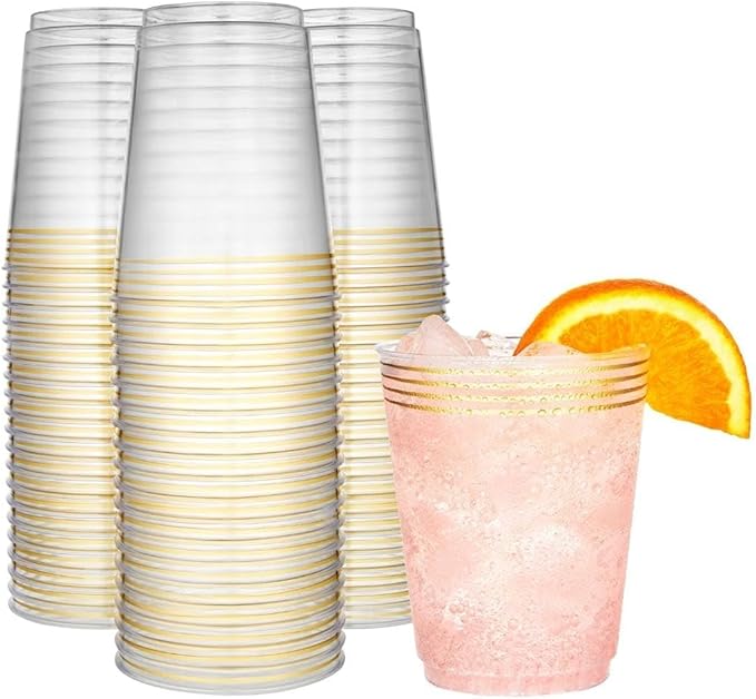 50 Pack Gold Plastic Cups For Party - 10 Oz Clear Party Cups Disposable - Hard Disposable Cups - Premium Heavy Duty Gold Cups - Disposable Cocktail Glasses - Plastic Glasses / Plastic Cocktail Glasses