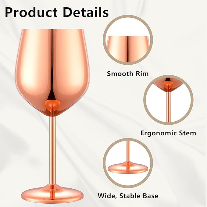 Stainless Steel Wine Glasses Set of 4 Unbreakable Wine Glass 18 oz Unique Metal Wine Goblets for Outdoor, Travel, Camping, Pool, Ideal Gift for Wine Lovers (Mirror-Rose Gold)