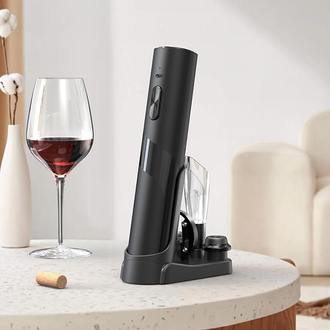 Electric Wine Opener with Charging Base, Electric Wine Bottle Opener with 2 in 1 Aerator &Pourer, Foil Cutter, 2 Vacuum Preservation Stoppers, Display Charging Station for Easy Storage