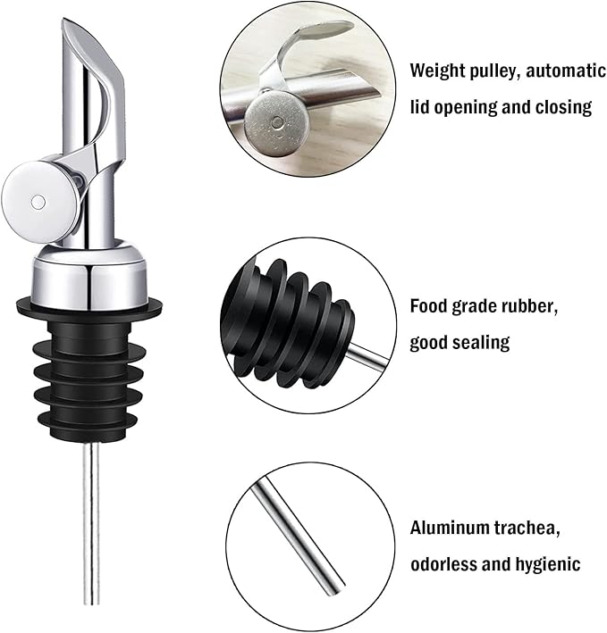 Weighted Stainless Steel Liquor Bottle Pourers: Auto Flip Spouts for Precise Pouring, Leak-Proof and Dishwasher-Safe (4pcs - Silver)