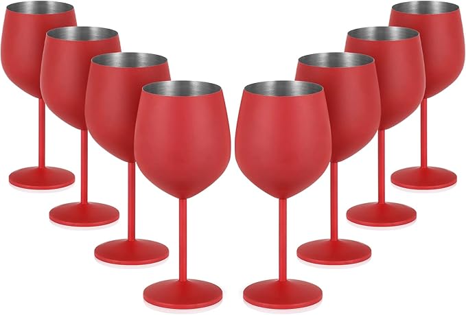 Lifecapido Stainless Steel Wine Glasses Set of 8, 18oz Stainless Steel Wine Goblets, Stemmed Metal Wine Glasses with Cup Brush for Party Office Wedding Anniversary, Great for Red White Wine (Red)
