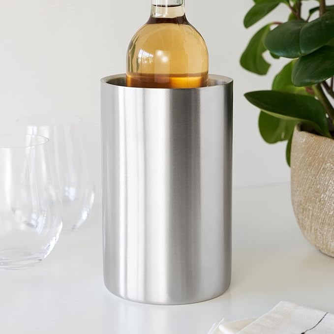 True Cellar Wine Chiller, Double Walled Stainless Steel Bottle Chiller, No Ice Needed, Fits Standard Bottles, Silver, Set of 1