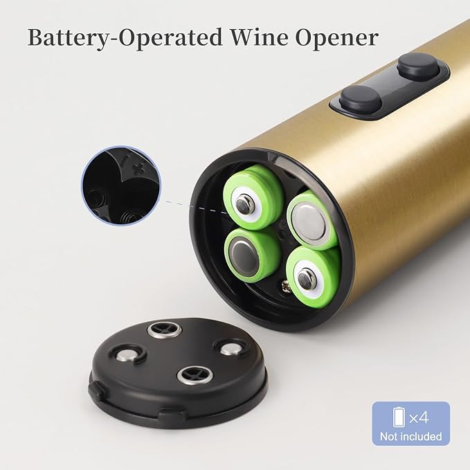 Battery Operated Electric Wine Opener by ELMWAY - Stainless Steel Electric Corkscrew with LED Light & Foil Cutter, Simple Push-Button Operation for Wine Lover (Gold, 4 x AA Not Included)