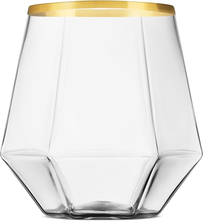 Munfix Gold Rim Plastic Stemless Wine Glasses 32 Pack - Diamond Shaped Unbreakable Disposable 12 Oz Clear Plastic Wine Champagne Whiskey Cups, Shatterproof Recyclable and BPA-Free