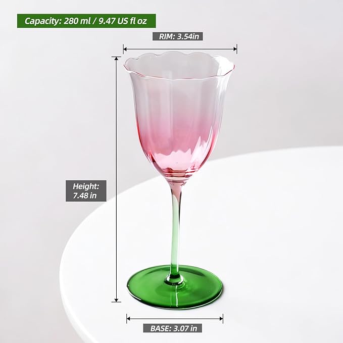 KAMMAK Wine Glasses Set of 2, 9.47 oz Hand Blown Crystal Bordeaux Wine Glasses, Thin Rim & Long Stem, Perfect for Red & White, Daily Use, Wedding or Birthday Gift with Gift Box, Pink-Green Flowers