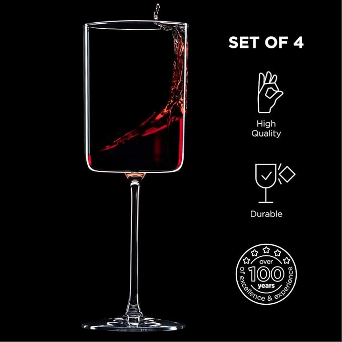 BENETI Large Square Wine Glass Set of 4-17 oz European-Made Hand Blown Glass White Wine Goblets w/Laser-Cut Rim, Dishwasher-Safe Crystal Clear Red Wine Glass Gift Set