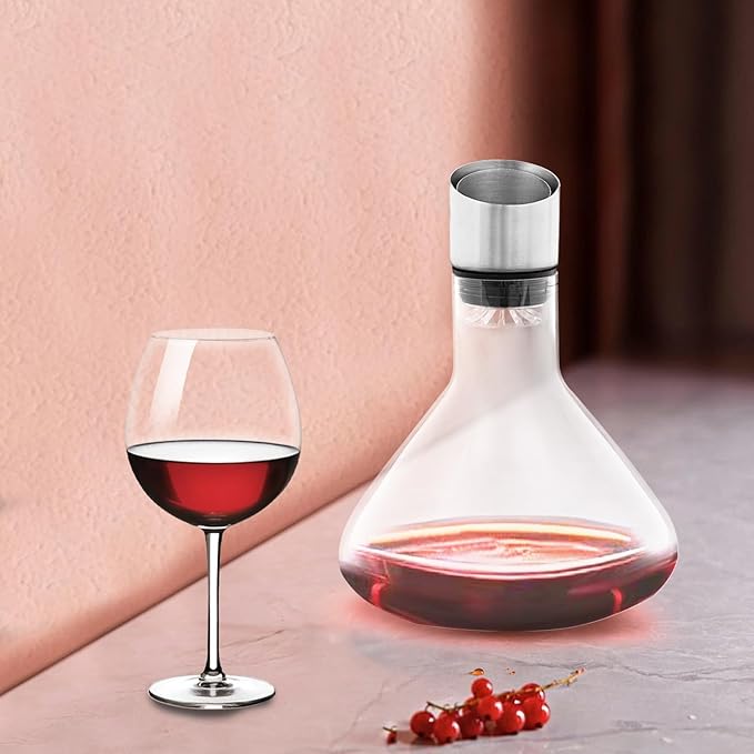 Wine Decanter,Red Wine Carafe with Built-in-Aerator, Wine Aerator, Wine Gifts for Christmas, Stainless Steel Pourer Lid, Filter, 100% Hand Blown Crystal Glass, 1500ml/50.73Oz