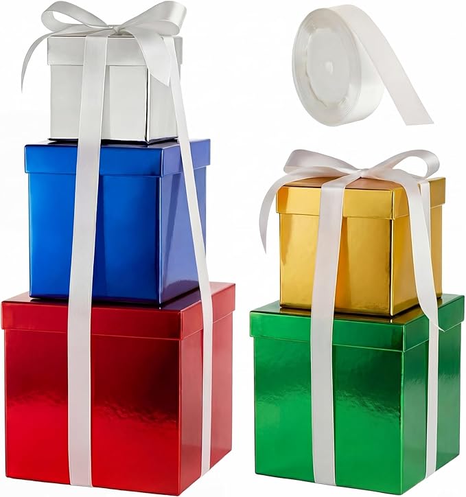 Cholemy 5 Pcs Square Nesting Boxes Decorative Gift Boxes with Lid and Ribbon Assorted Sizes Wrap for Wedding, Carnival, Anniversary, Birthday, Bridal Shower Party Gifts(5 Color)