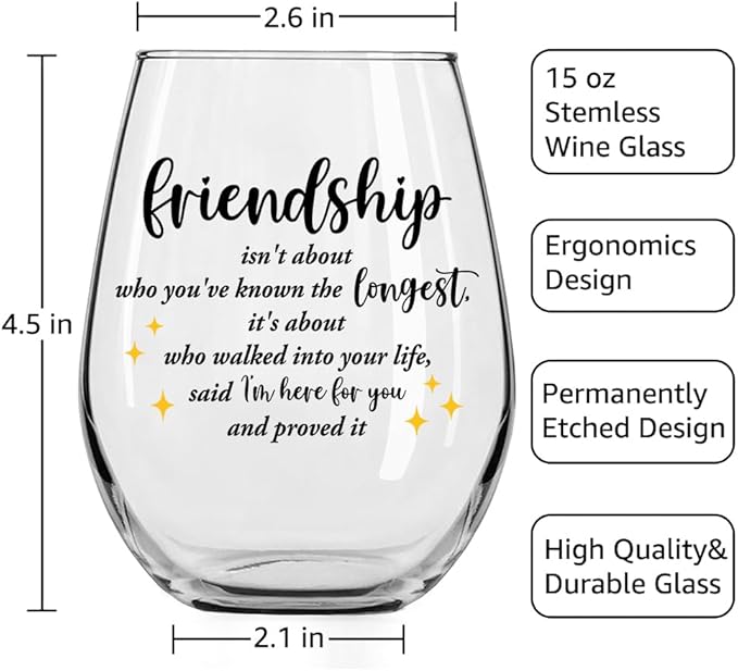 DYJYBMY Friendship Isn't About Who You've Known The Longest Stemless Wine Glass With Gifts Box, Friendship Wine Tumbler, Housewarming Parting Gifts For Long Distance Friend Confidant Bestie
