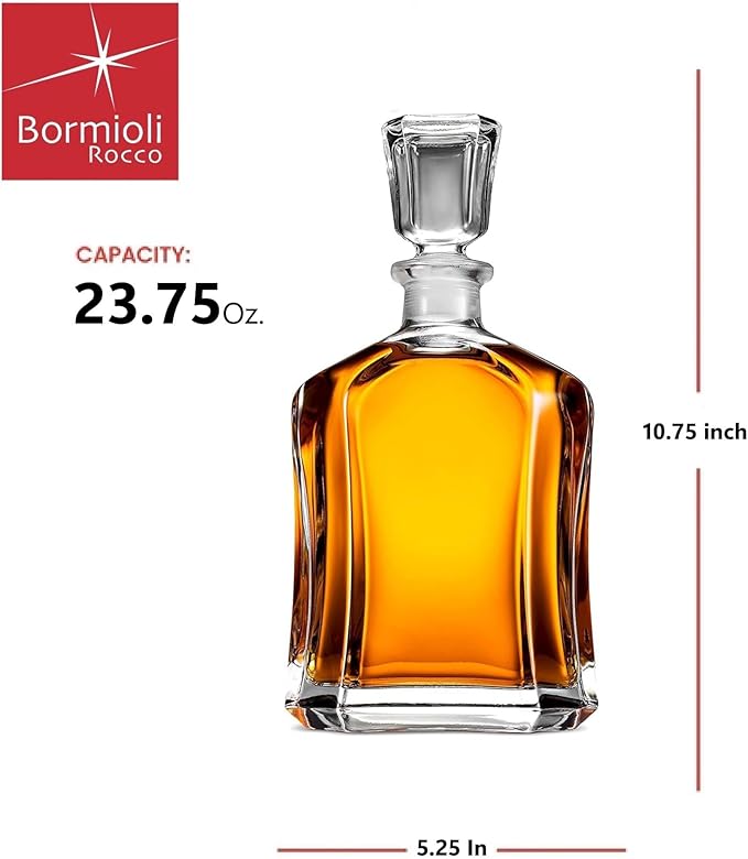 Bormioli Rocco Capitol Glass Decanter, Airtight Geometric Stopper, 23.75 oz Whiskey Decanter for Wine, Bourbon, Brandy, Liquor, Juice, Made in Italy.