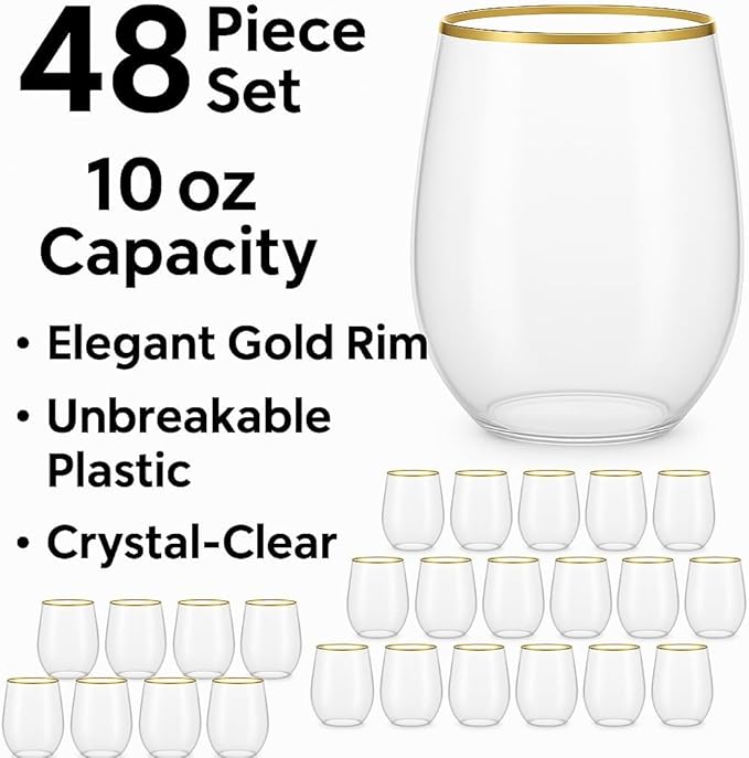 Oojami 48 piece Stemless Unbreakable Crystal Clear Plastic Wine Glasses Set of 48 Small (10 Ounce - Gold Rim)
