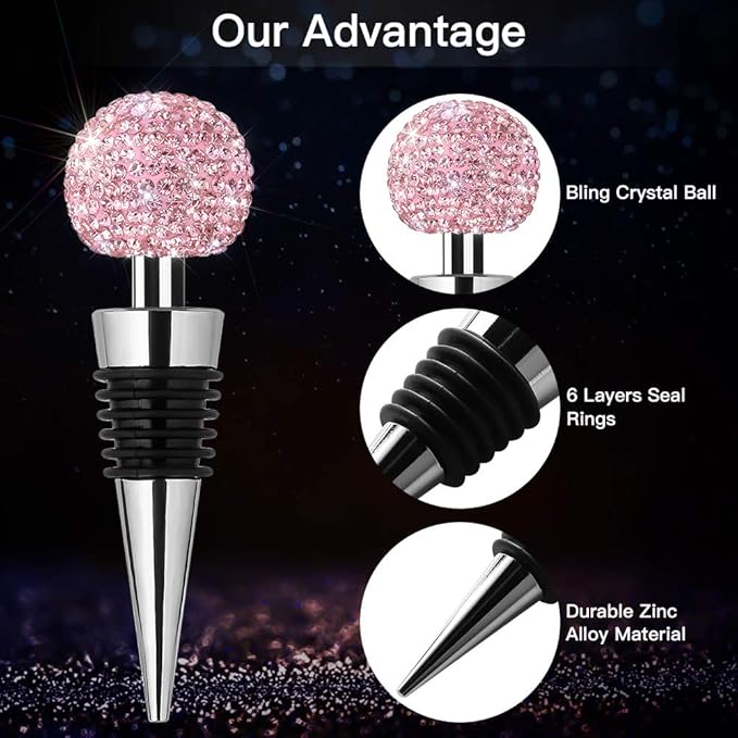 Soleebee Bling Decorative Wine Stoppers,Wine Bottle Stopper with Crystal Rhinestone, Beverage Bottle Stoppers for Gifts, Bar, Holiday Party, Wedding (Pink)
