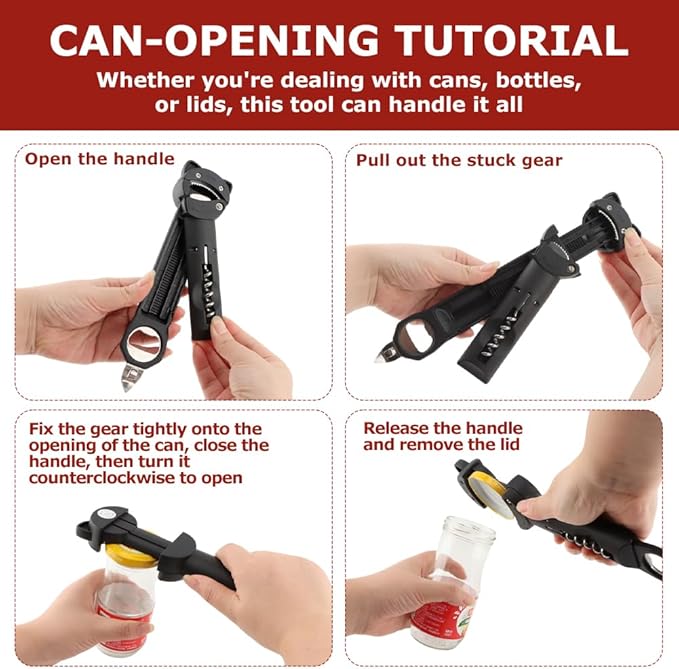 Jar Opener Bottle Opener for Seniors with Arthritis: Multi Retractable Wine Bottle Openers for Weak Hand, Magnetic Manual Can Openers for Opening Jar Beer Lid, Kitchen Gadgets Tool(COLOR:Black)