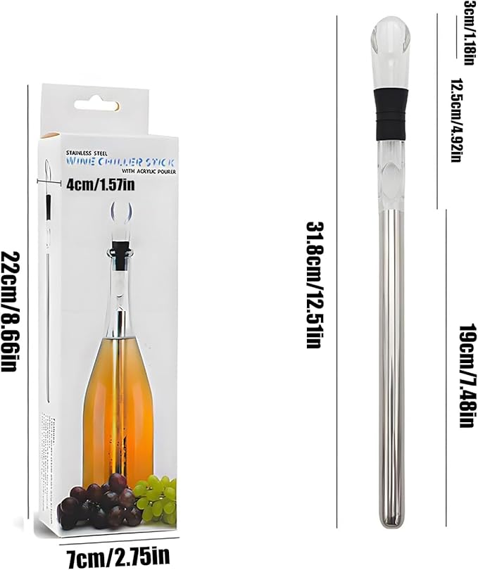 Chiller Bar - Red Chiller Rod, Stainless Steel Iceless Bottle Cooler with Stopper and Pourer | Perfect Wine Chiller Accessory at Home, Bar, Fes