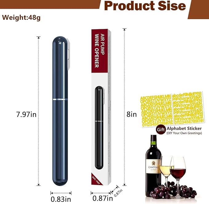 Wine Bottle Opener with Foil Cutter - NUCOKRS Air Pump Aeropop Corkscrew, Pen Style Opens in 3-7 Pumps, Effortless & No Damage to Cork, Compact Gift for Wine Lovers (Blue)