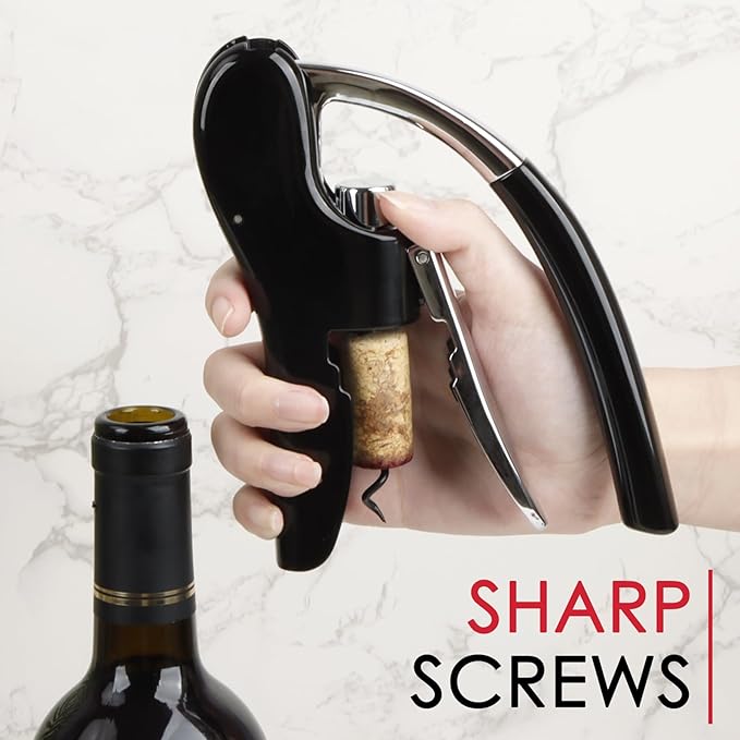 KAYCROWN Stainless Steel Wine Bottle Opener, Compact Vertical Lever Corkscrew with Foil Cutter and Extra Spiral, Manual Handheld Corkscrew with Ergonomic Lever Pump (Black)