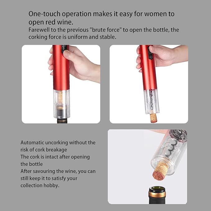 Electric Wine Opener, Battery Operated Wine Bottle Openers One-click Button Reusable Automatic Wine Corkscrew Remover for Wine Lovers Gift Home Kitchen Party Bar Wedding,Red
