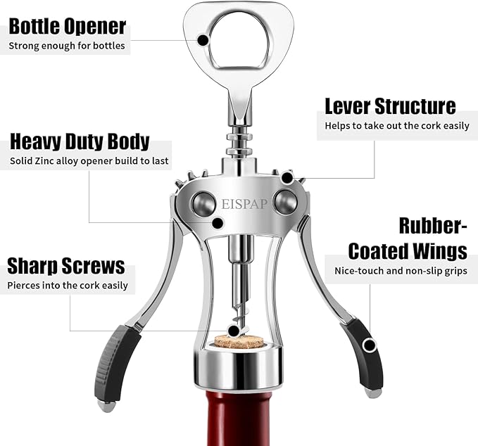 2 Pcs Powerful Wine Opener, Ergonomic Soft Touch Heavy Duty Manual Bottle Openers, Rust Resistant Zinc Alloy Winged Corkscrew, Easy Use, Open Corks, Dishwasher Safe (Wine Opener, set of, 2)