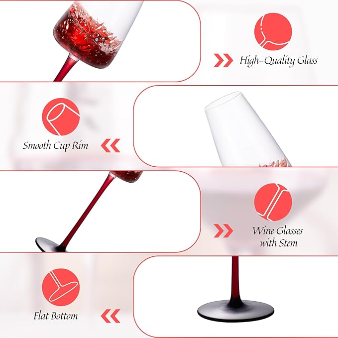 KAMMAK Wine Glasses Set of 2, 9.13 oz Hand Blown Crystal Bordeaux Wine Glasses, Thin Rim & Long Stem, Perfect for Red & White, Daily Use, Wedding or Birthday Gift with Gift Box, XH-H260 Black Base