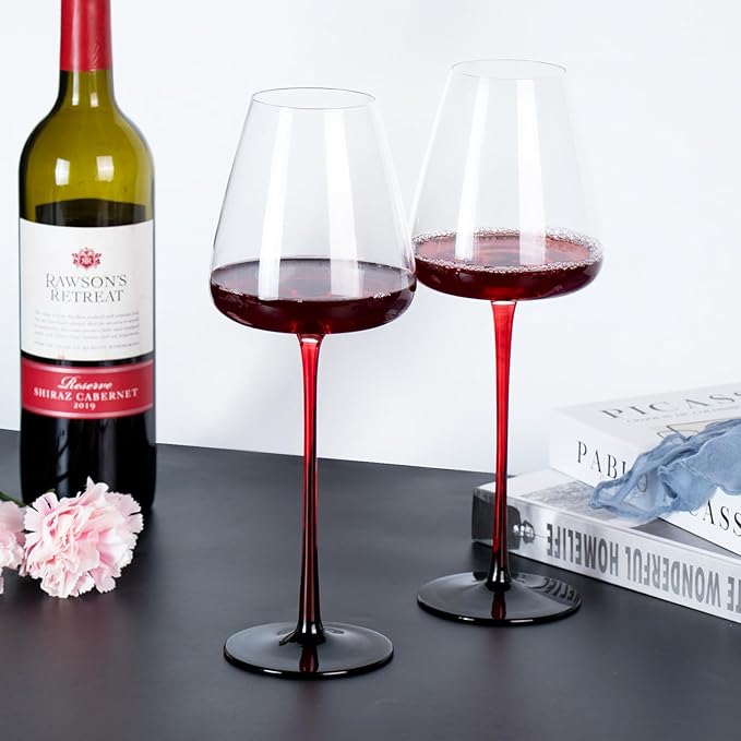 KAMMAK Wine Glasses Set of 2, 19.61 oz Hand Blown Crystal Bordeaux Wine Glasses, Thin Rim & Long Stem, Perfect for Red & White, Daily Use, Wedding or Birthday Gift with Gift Box, XH-H280 Black Base